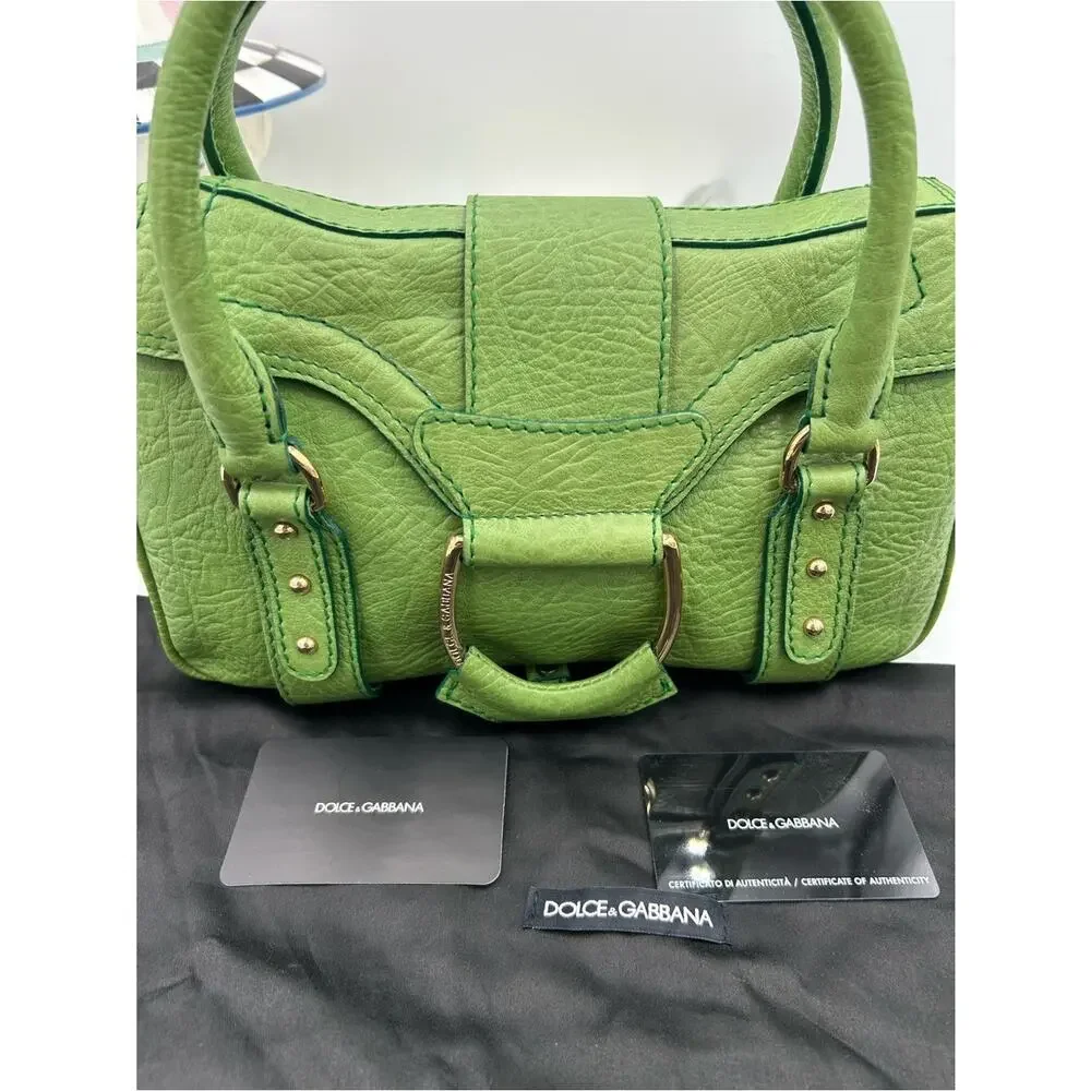 Women's vintage Dolce & Gabanna grainy, leather satchel in neon green made Italy